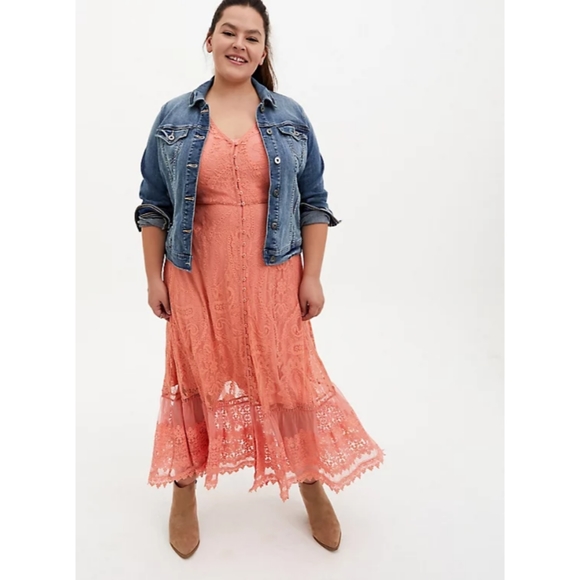 Torrid Coral Lace Button Front Maxi Skater Dress - Picture 2 of 16